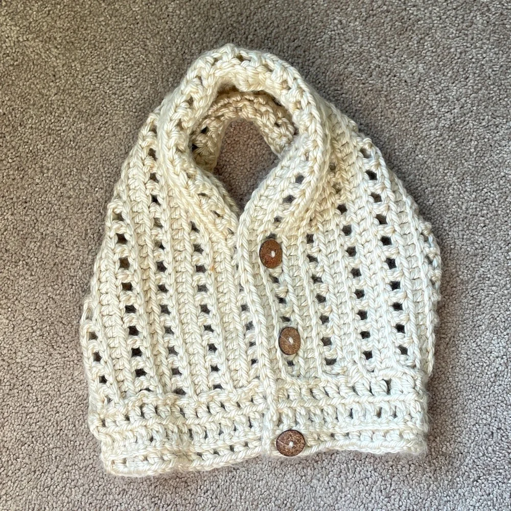 Chunky Knit Beige Cowl Scarf Three Button Hand Knit Boho Hygge Scandi Girl